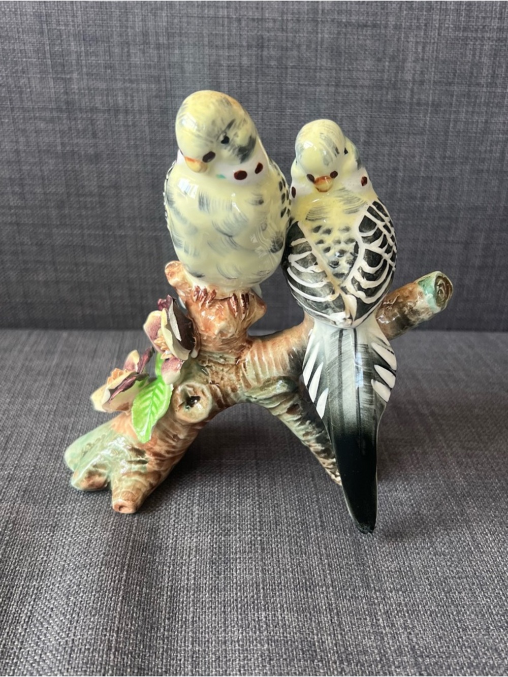 Hand-Painted Ceramic Budgie Figurine Pair in Yellow and Green